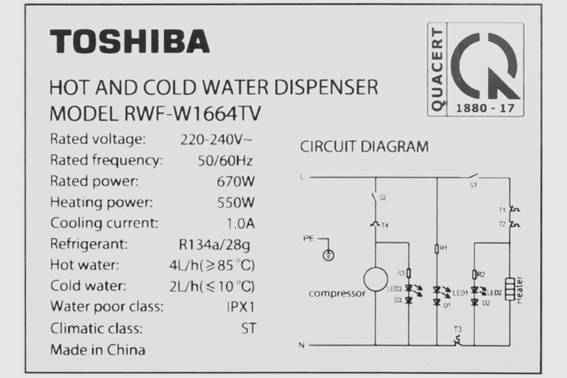Có nhiệt độ làm nóng nước từ 85 - 90 độ C, làm lạnh nước từ 6 - 8 độ C - Cây nước nóng lạnh Toshiba RWF-W1664TV(W1)