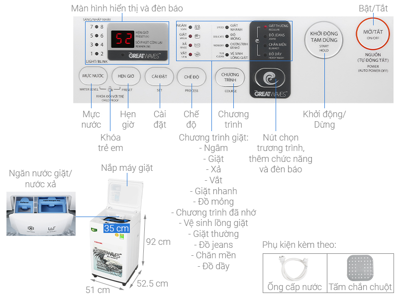 Thông số kỹ thuật Máy giặt Toshiba 7 kg AW-K800AV(WW)