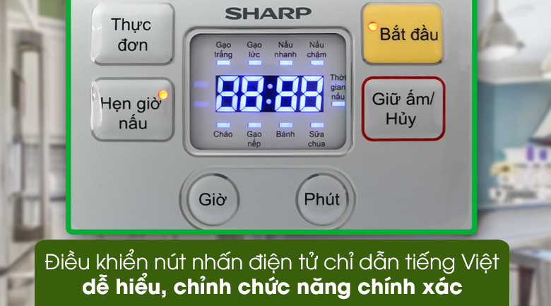 Nồi cơm điện tử Sharp KS-COM08V-SL 0.72 lít - Điều khiển nút nhấn điện tử chỉ dẫn tiếng Việt kèm màn hình hiển thị rõ nét