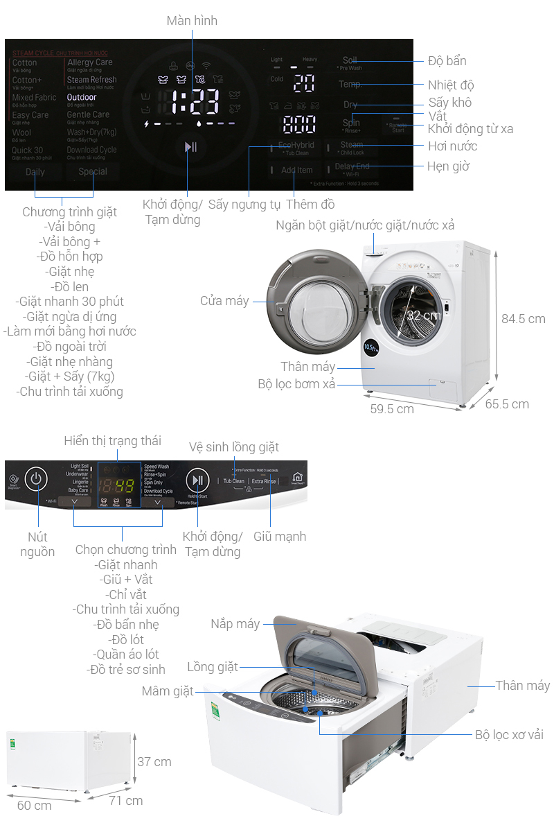 Thông số kỹ thuật Máy giặt LG TWINWash Inverter FG1405H3W & TG2402NTWW